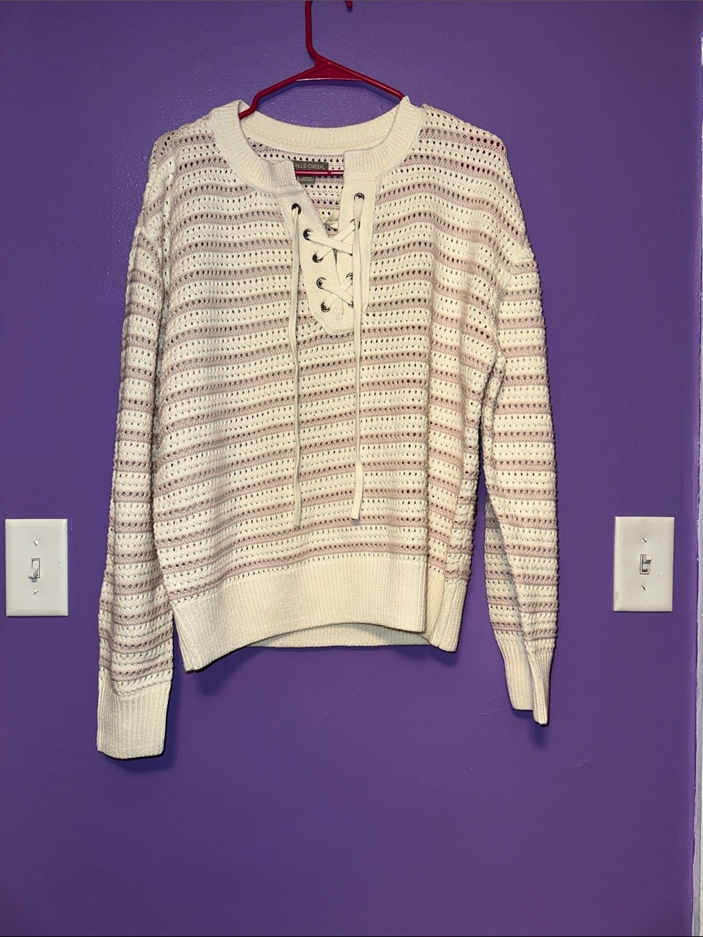 Lace-Up Eyelet Open-Knit Sweater - Cream
